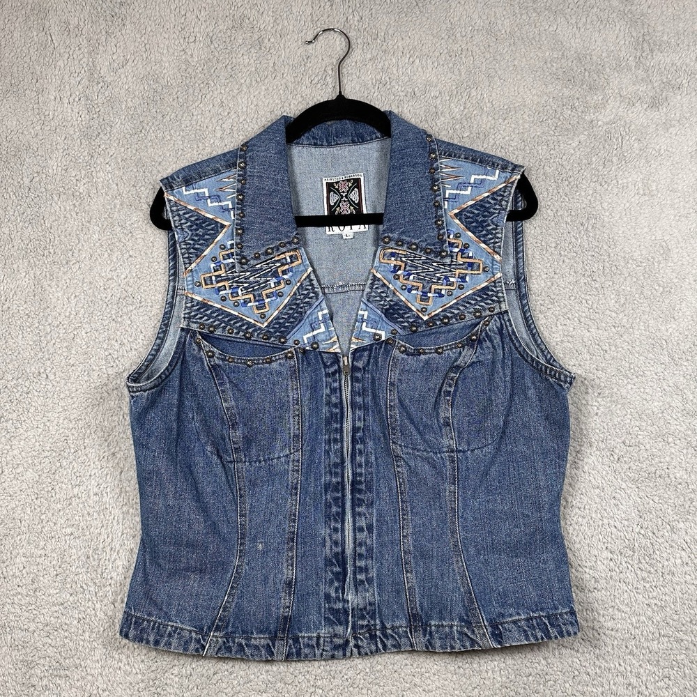 Hairston Roberson ROPA Denim‎ Vest Embroidered Studded Southwestern Size Large
